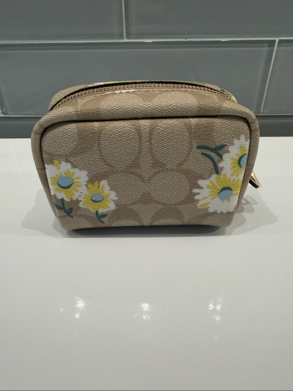 Coach Beige Floral Signature Cosmetic Pouch with Yellow Accents - Picture 3 of 8